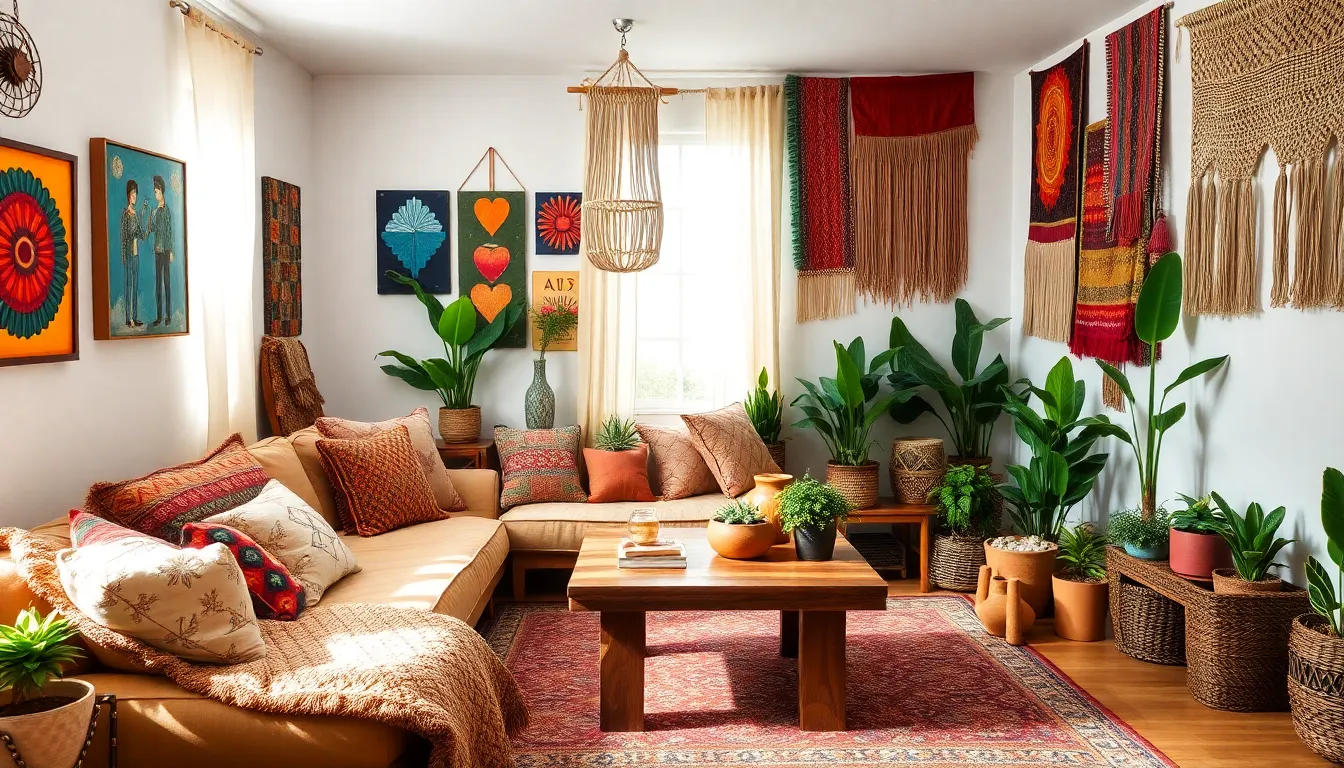 an inviting bohemian style home interior with vibrant decor.