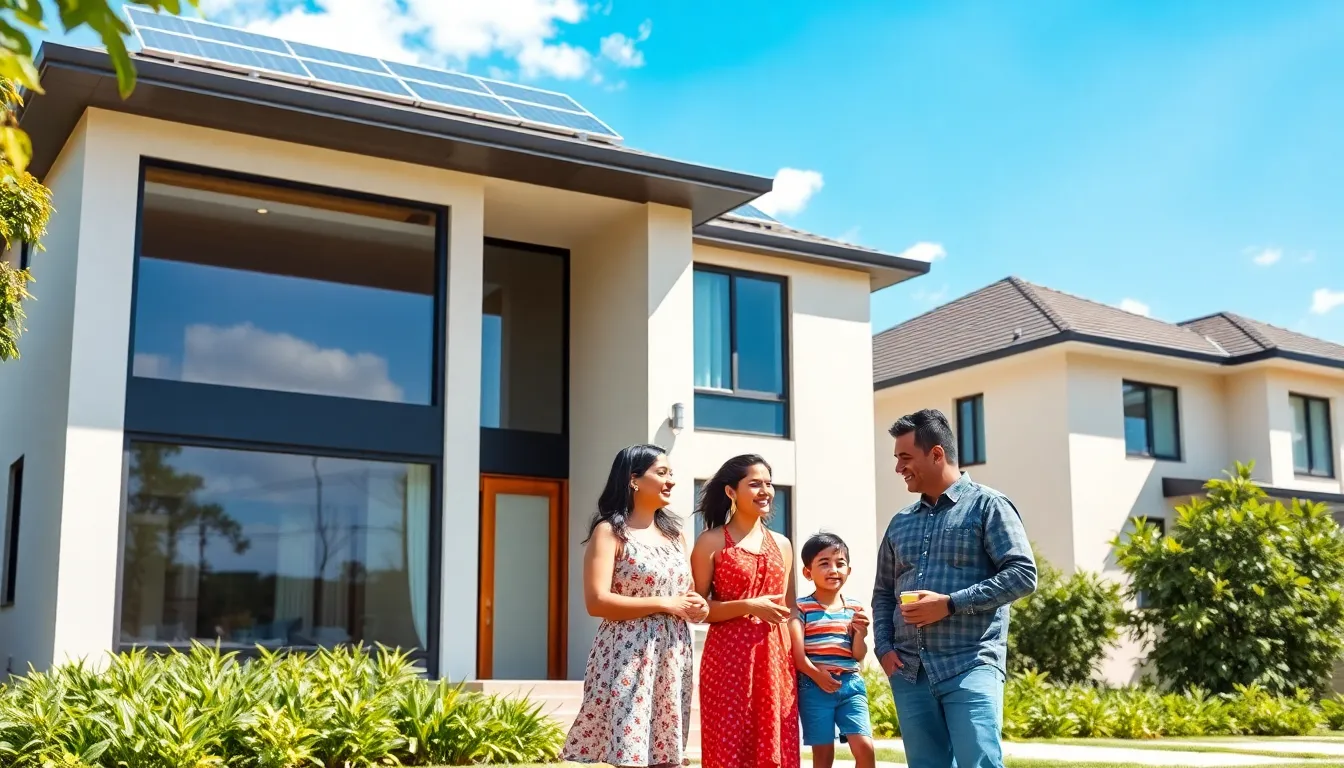 family in front of an energy-efficient home in Houston.